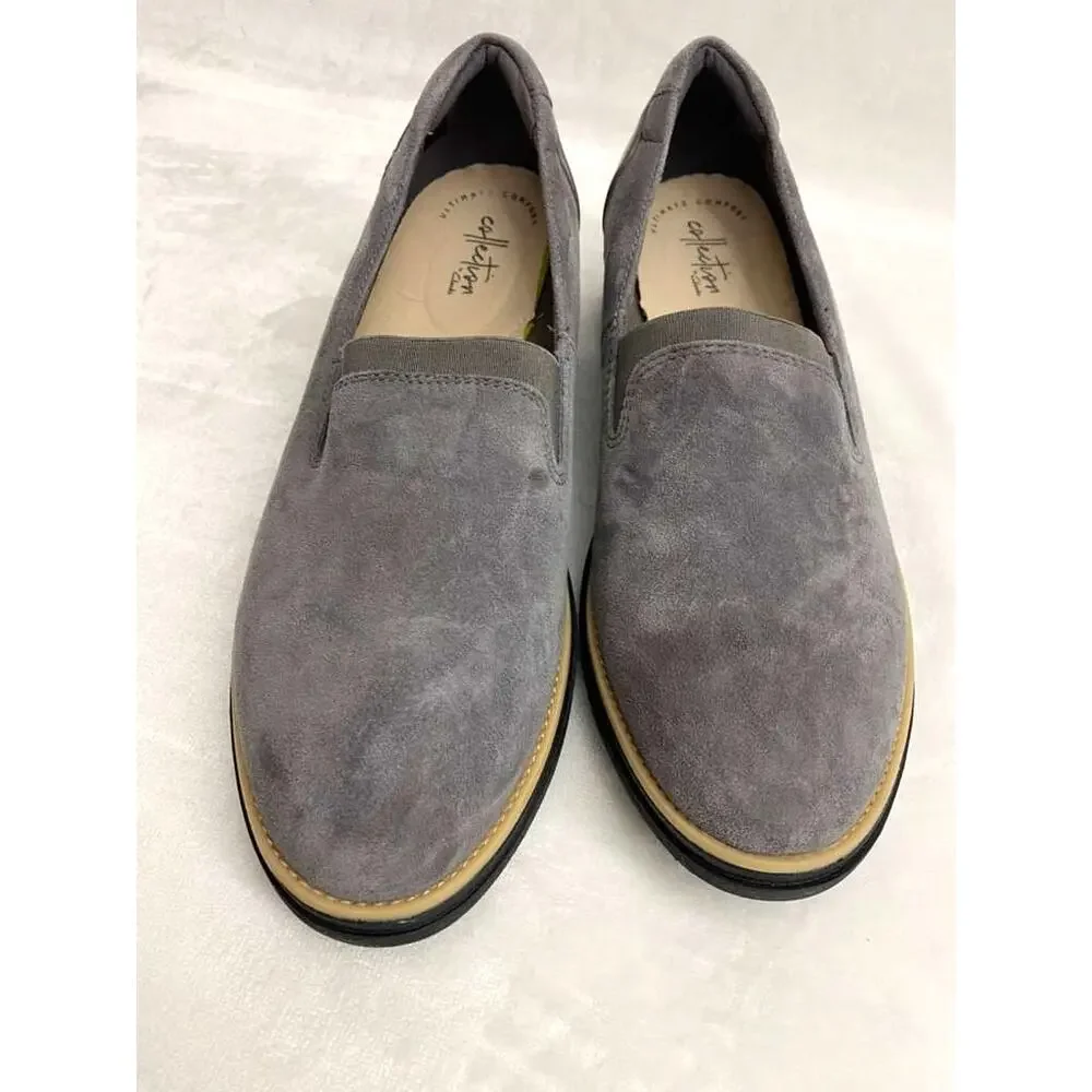 Clarks Sharon Dolly Suede Leather Comfort Slip on Shoes Gray Women’s Sz 9.5
